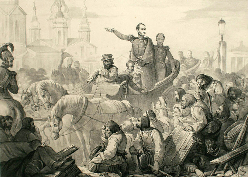 Nikolaj I. beendet die Choleraunruhen auf dem Heumarkt in St. Petersburg